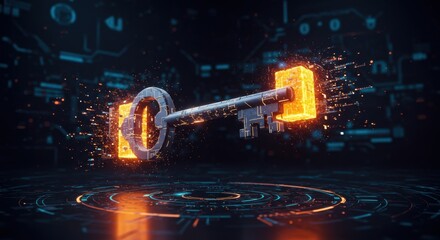 High-tech golden key unlocking virtual circuit network representing cyber security, encryption, and digital access technology