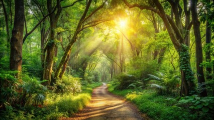 forest path winding through dense foliage, sunlight filters through the canopy above, tranquility