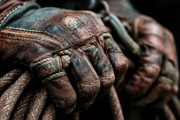 Close up of a golf glove with worn leather and white stitching, lying on a vibrant green golf course, under the bright sun.