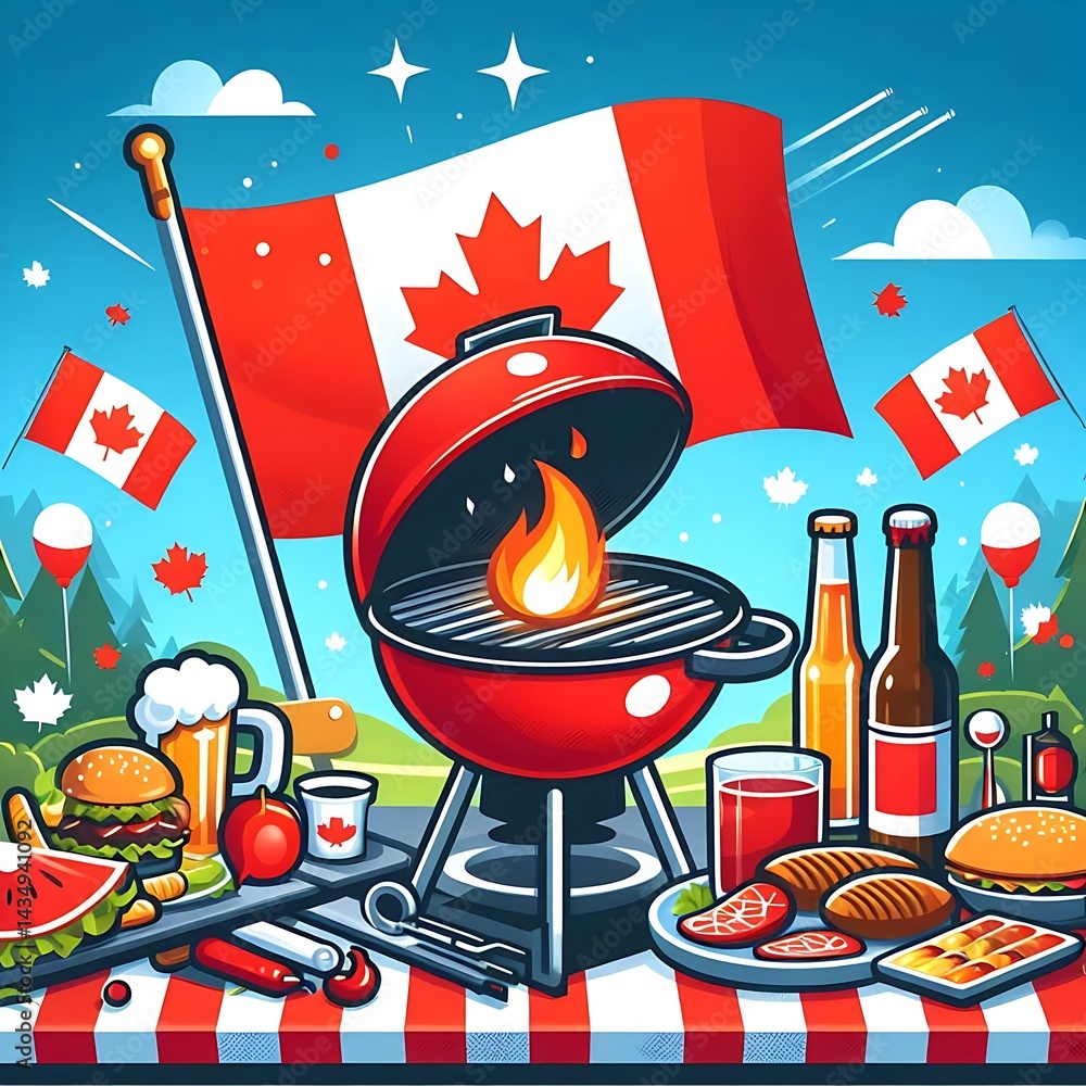 Fototapete canada day bbq party invitation template. with a bbq stove in center vector illustration with clean 