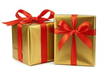 Obraz premium Gold gifts with red ribbon isolate on white background