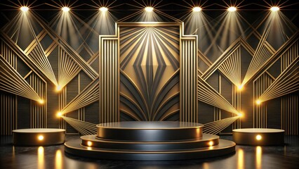 High-end podium with luxurious black and gold art deco design sits atop a raised platform on stage, surrounded by spotlights