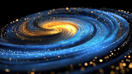 A spiral galaxy with a glowing golden core, blue spiral arms, and numerous golden stars in dark cosmic space.