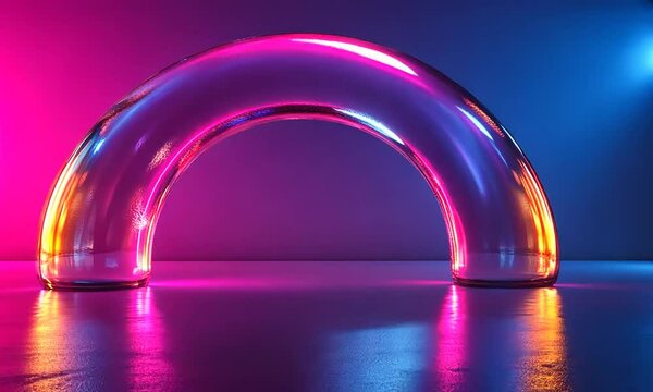 A vibrant neon arch sculpture reflecting colorful lights on a sleek surface in a modern space