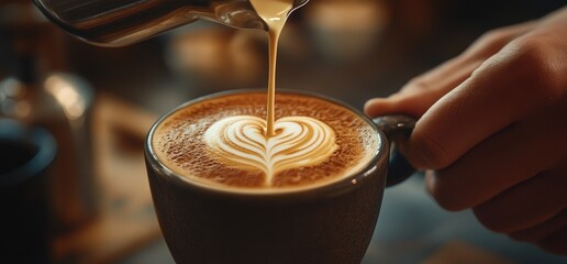 Latte art coffee being poured creating heart design in dark mug
