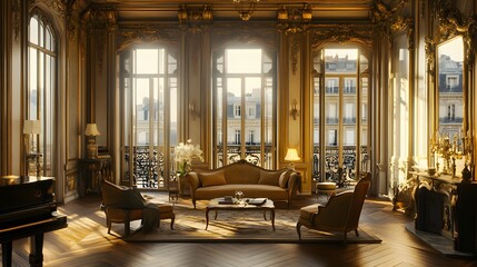 Fototapeta premium Grand Parisian Apartment: Sunlit living room in a luxurious Parisian apartment, featuring ornate architectural details, elegant furniture, and a stunning city view.