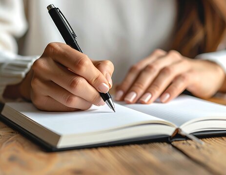 Primer plano de las manos de una mujer escribiendo en una libreta y esta en un escritorio