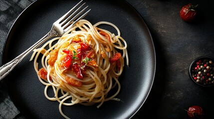 A delectable dish of spaghetti with a vibrant tomato sauce.