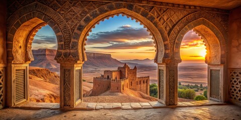 Ancient Moroccan fortress with intricate stone carvings and arched windows
