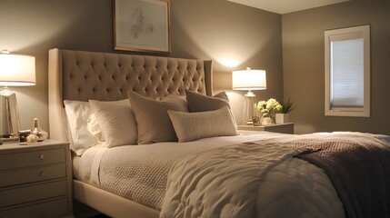 Fototapeta premium Serene Bedroom Interior: A meticulously designed bedroom, bathed in soft light, showcases a plush bed, complemented by elegant furnishings and decorative accents.
