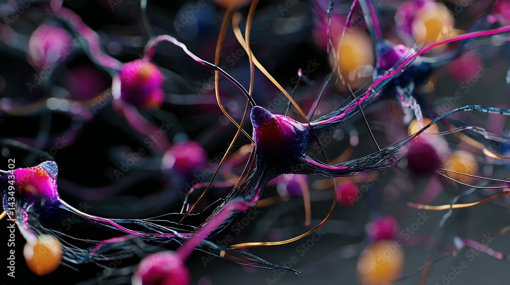 Poster intricate network of colorful nerve cells in motion.