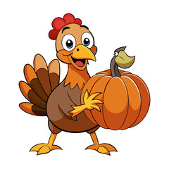 Cartoon turkey holding huge pumpkin vector, grouped for easy editing