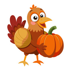 Cartoon turkey holding huge pumpkin vector, grouped for easy editing