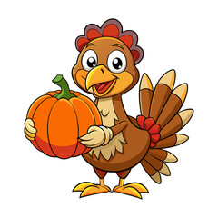 Cartoon turkey holding huge pumpkin vector, grouped for easy editing
