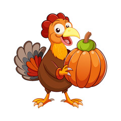 Cartoon turkey holding huge pumpkin vector, grouped for easy editing