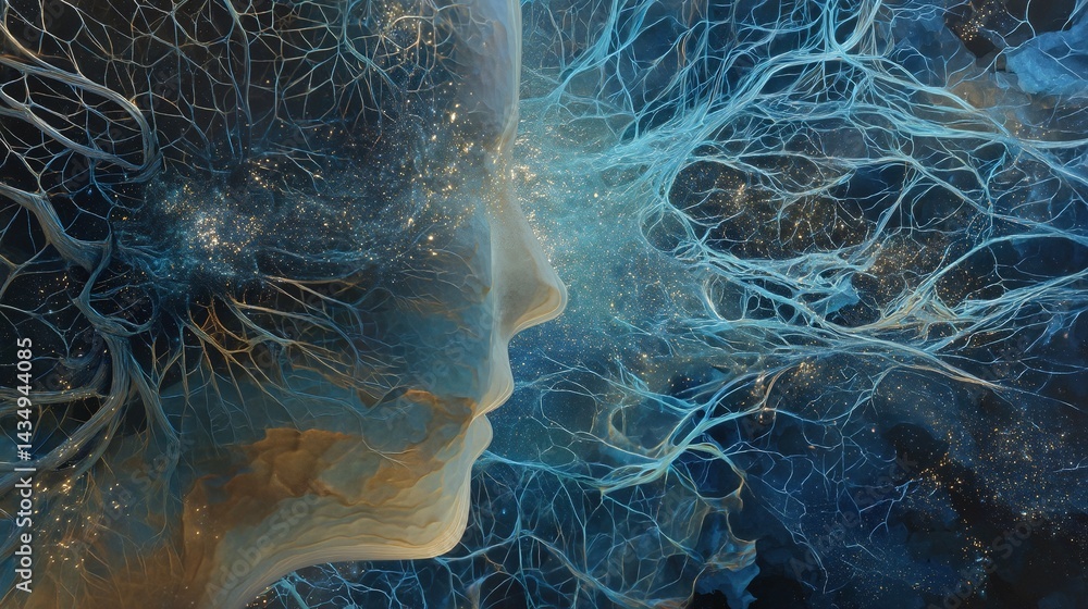 Poster abstract profile portrait of a person, interwoven with intricate network patterns.