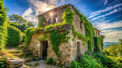 Obraz premium Ancient stone structure with worn mortar and ivy-covered walls partially visible on a hillside surrounded by greenery, as sunlight filters through the blue sky , ancient architecture, stone