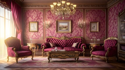 Elegant Living Room: A lavishly appointed living room showcases classic design with plush furniture and ornate detailing, creating an ambiance of sophistication and luxury.