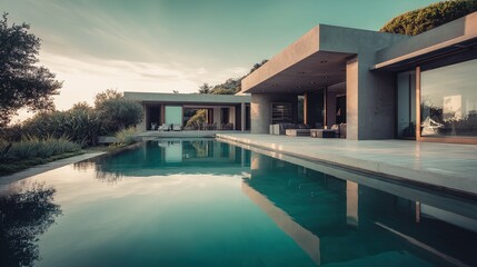 Modern residence with a tranquil pool and lush landscaping.