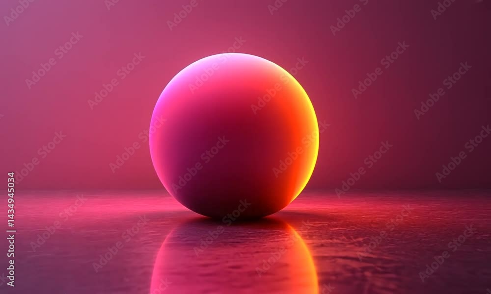 Poster a vibrant spherical object illuminated in a gradient of pink and orange hues, reflecting on a glossy