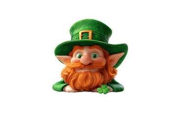 Friendly leprechaun with big green hat, orange beard, holding a shamrock, leaning with cheerful eyes, isolated on a transparent background