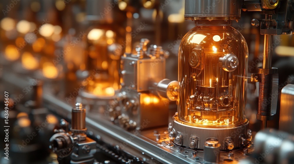 Poster close-up view of glowing glass objects on a production line.