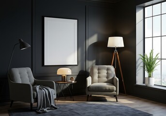 Interior scene featuring two armchairs a blank framed picture and lamps in a dark room setting