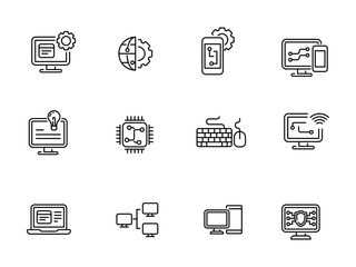 Set of computer and technology icons with linear style on a white background