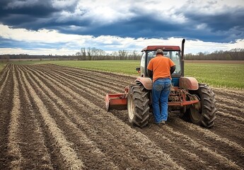 Obraz premium A farmer driving a red tractor with large tires plowing soil in a field under cloudy sky and distant mountains.