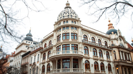 Fototapeta premium Delicate lines of Art Nouveau architecture their curves and swirls blurred into a dreamlike backdrop that pays homage to the romanticism and decadence of past centuries. .