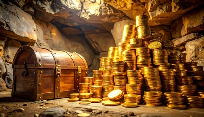 Treasure Chest Surrounded by Piles of Shiny Gold Coins in an Underground Cave Setting
