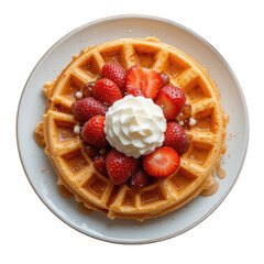 Classic breakfast waffle topped with fresh strawberries, whipped cream, and syrup on white plate, delicious and inviting