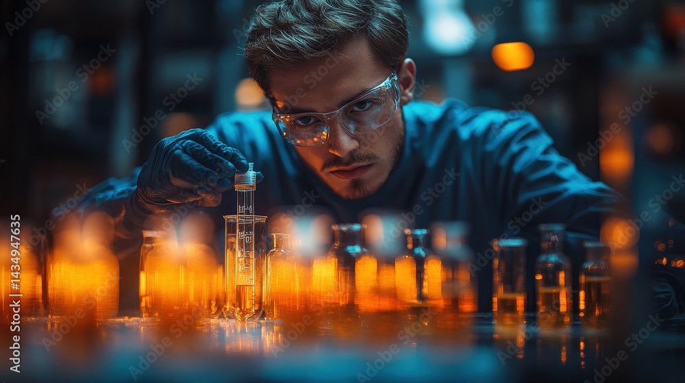 Poster concentrated focus of a scientist conducting experiments in a laboratory setting.