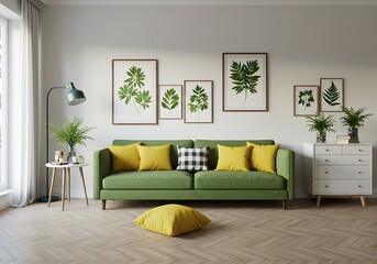 Fototapeta premium A living room featuring a green sofa, yellow pillows, and botanical art on the wall decoratively hung