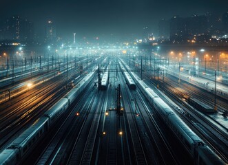 Obraz premium the vast high-speed rail yard, with many tracks crisscrossing each other and various trains moving on them