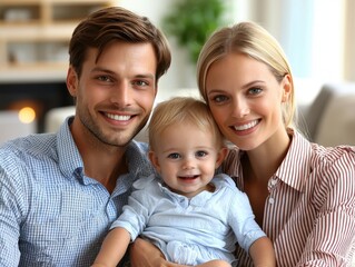 Obraz premium Happy Family Portrait Joyful Parents with Child in Cozy Home Setting