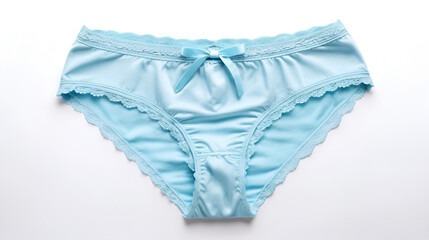 Women's underwear. Beautiful light blue panties isolated on white, top view