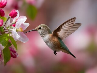 Fototapeta premium Spring garden scene with multiple hummingbirds darting between apple blossoms, mist rising from grass as first sunlight filters through orchard