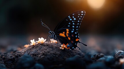 Obraz premium A butterfly rests on the ground, surrounded by small flowers, bathed in warm sunlight