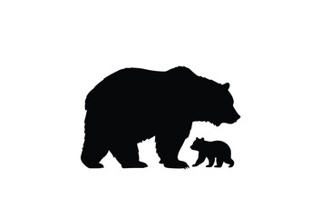 Fototapeta premium Bear and cub silhouette. This image shows a black silhouette of a bear and its cub standing side by side, symbolizing wildlife and familial bond. Vector clipart illustration design.
