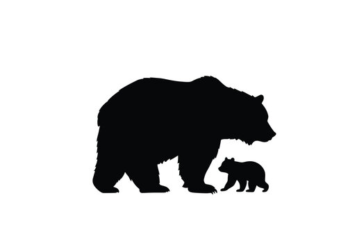 Bear and cub silhouette. This image shows a black silhouette of a bear and its cub standing side by side, symbolizing wildlife and familial bond. Vector clipart illustration design.
