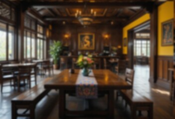 Fototapeta premium Blurry image of a restaurant interior. javanesse restaurant interior. A blurred image of a classic and elegant restaurant interior, perfect for background use or design elements. Blurred background