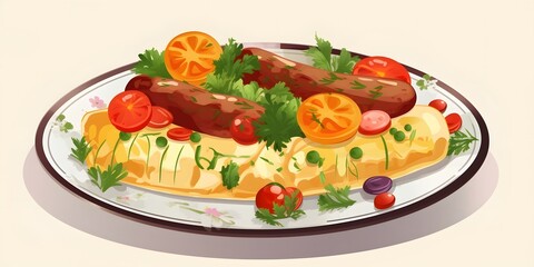 Omelette with Vegetables and Sausages &ndash; Flat Vector Style