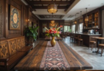 Obraz premium Blurry image of a restaurant interior. javanesse restaurant interior. A blurred image of a classic and elegant restaurant interior, perfect for background use or design elements. Blurred background