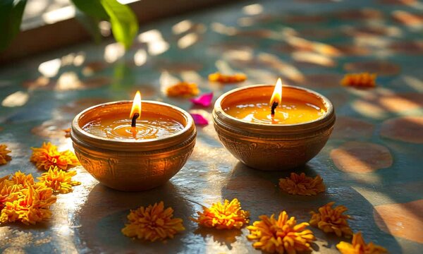 Golden glowing deepak candles with flower petals, perfect for festive celebrations and spiritual moments