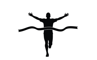 Runner finish line silhouette. This image shows a black silhouette of a runner crossing the finish line with arms raised, symbolizing triumph and achievement. Vector clipart illustration design.