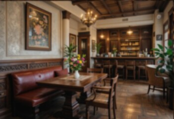 Fototapeta premium Blurry image of a restaurant interior. javanesse restaurant interior. A blurred image of a classic and elegant restaurant interior, perfect for background use or design elements. Blurred background