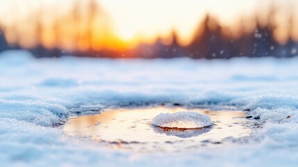 Frozen Ice Puddle Winter Sunset, Reflective Surface, Soft Focus, High-Definition Close-up, Textured Snow, Melting Ice, Tranquil Landscape, Warm Golden Hues, Perfect for Winter Calender