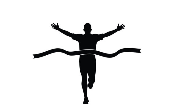 Runner finish line silhouette. This image shows a black silhouette of a runner crossing the finish line with arms raised, symbolizing triumph and achievement. Vector clipart illustration design.