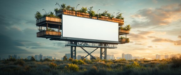 Sustainable billboard with greenery, blank space, modern cityscape in background